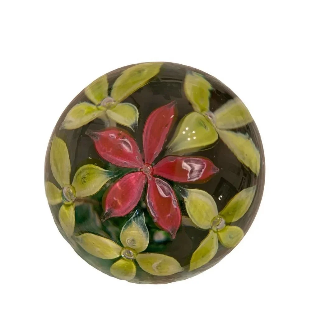 Egg Shaped Glass Paperweight Yellow Red Flowers in Grass 3.4